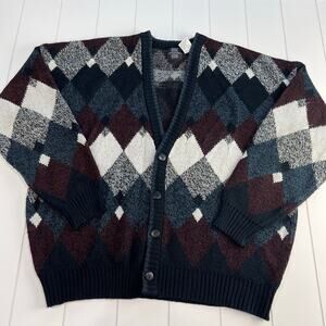 Expressions Vintage Diamond Knit Acrylic Cardigan Sweater Men's size XL Blue